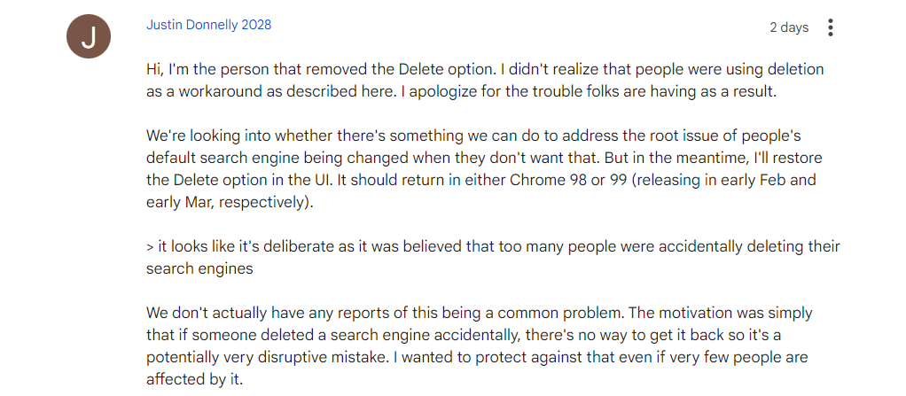 谷歌 Chrome 97 浏览器无法删除默认搜索引擎，引发用户批评