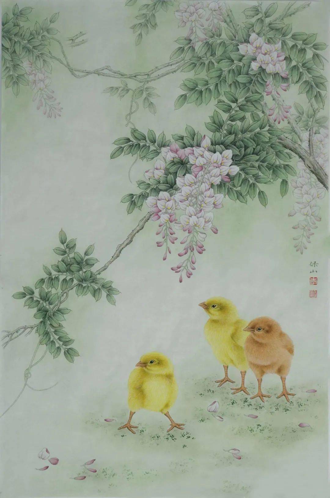 图文教程 | 李保山工笔画《小鸡紫藤》画法讲解_藤黄_赭石_步骤