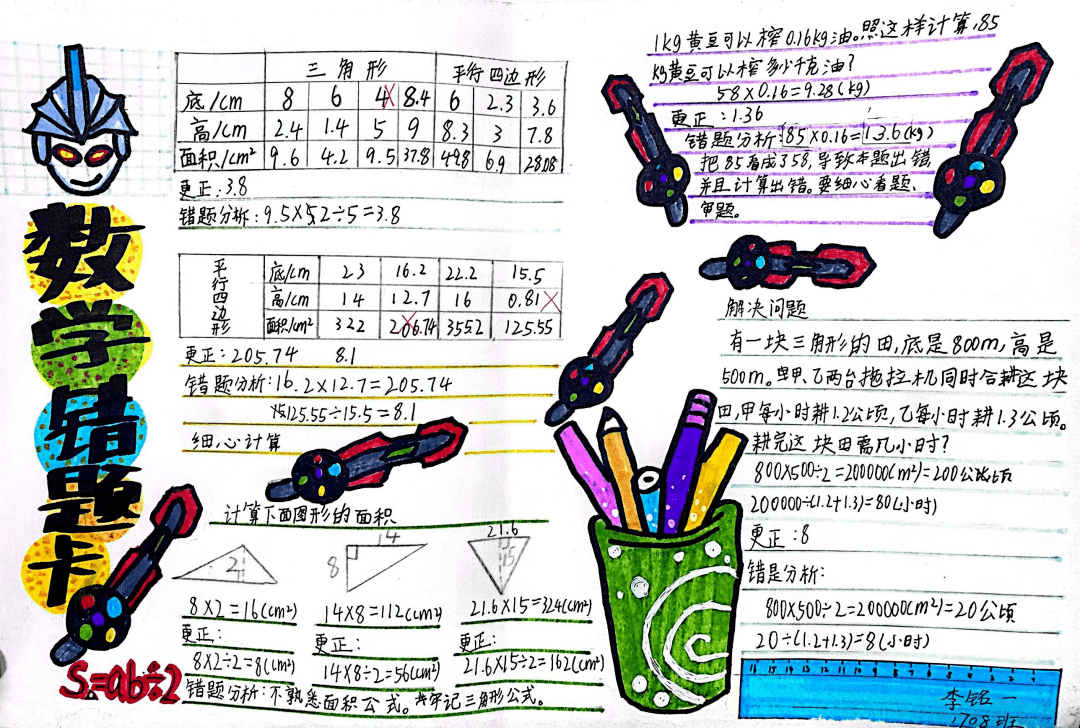 善于反思,才能不断取得进步,五年级的孩子们制作了一张张精美的错题卡