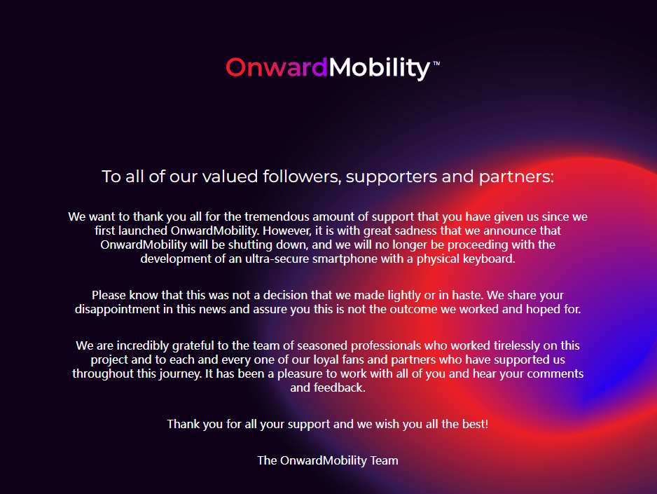 黑莓 5G 手机正式取消，OnwardMobility 官宣：停止开发