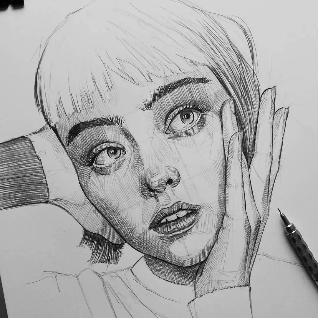 自动铅笔画的人物肖像和动物素描精彩干净