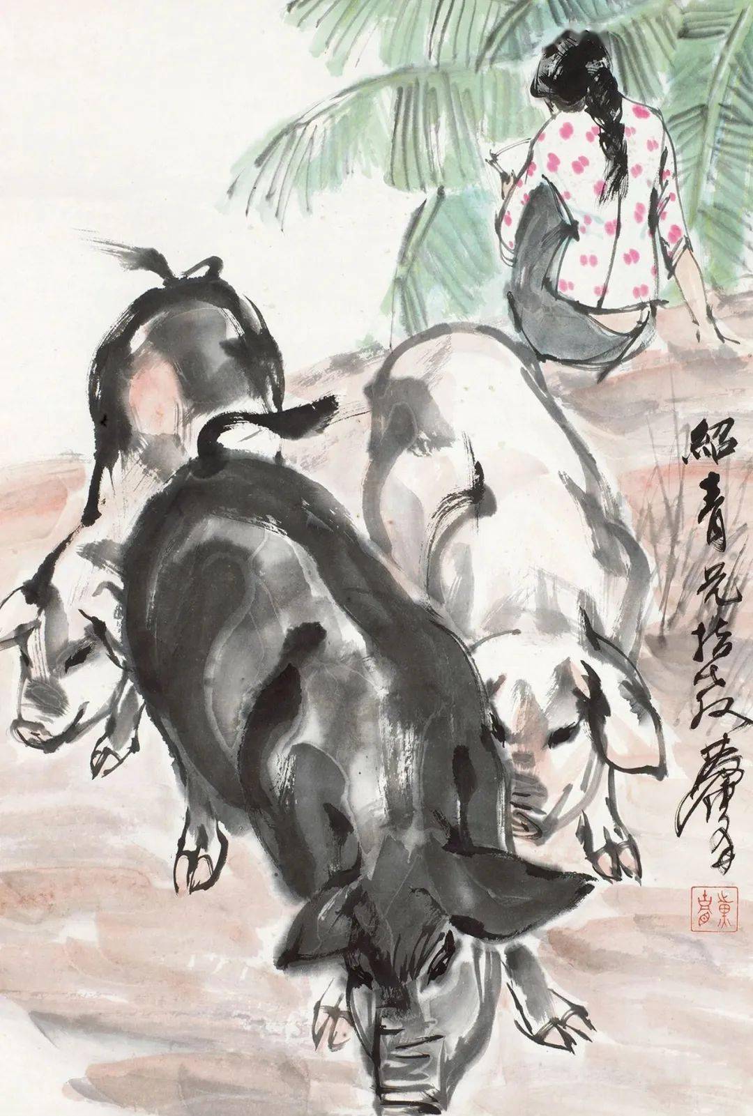 黄胄笔下的猪憨憨的可爱极了