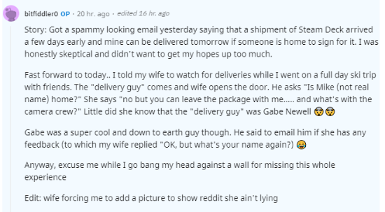 Newell|曝G胖亲自为玩家送Steam掌机 传奇送货员送货上门