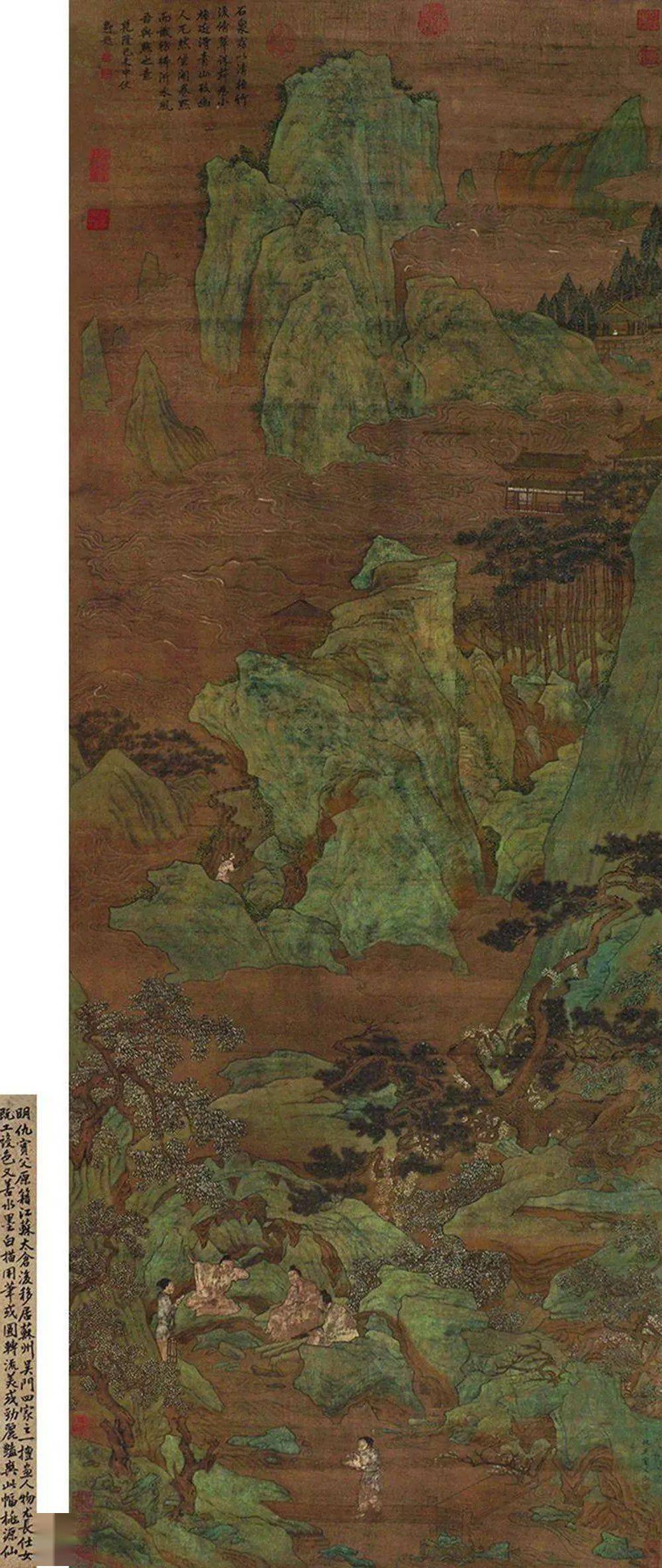 [明代]仇英《桃源仙境圖》,絹本設色,177×65cm.私人藏品.