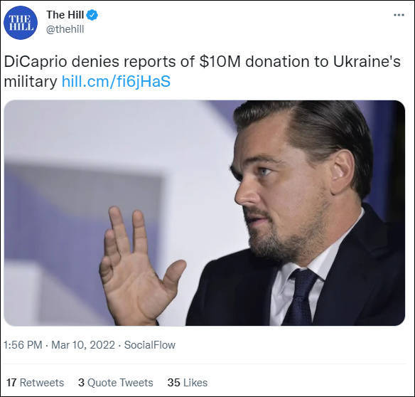 美媒：莱昂纳多没给乌克兰军事力量捐款，家庭和乌克兰没关系