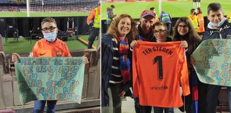 球迷|与球迷互动，特尔施特根上轮赛后将球衣送给了一位12岁同名小门将