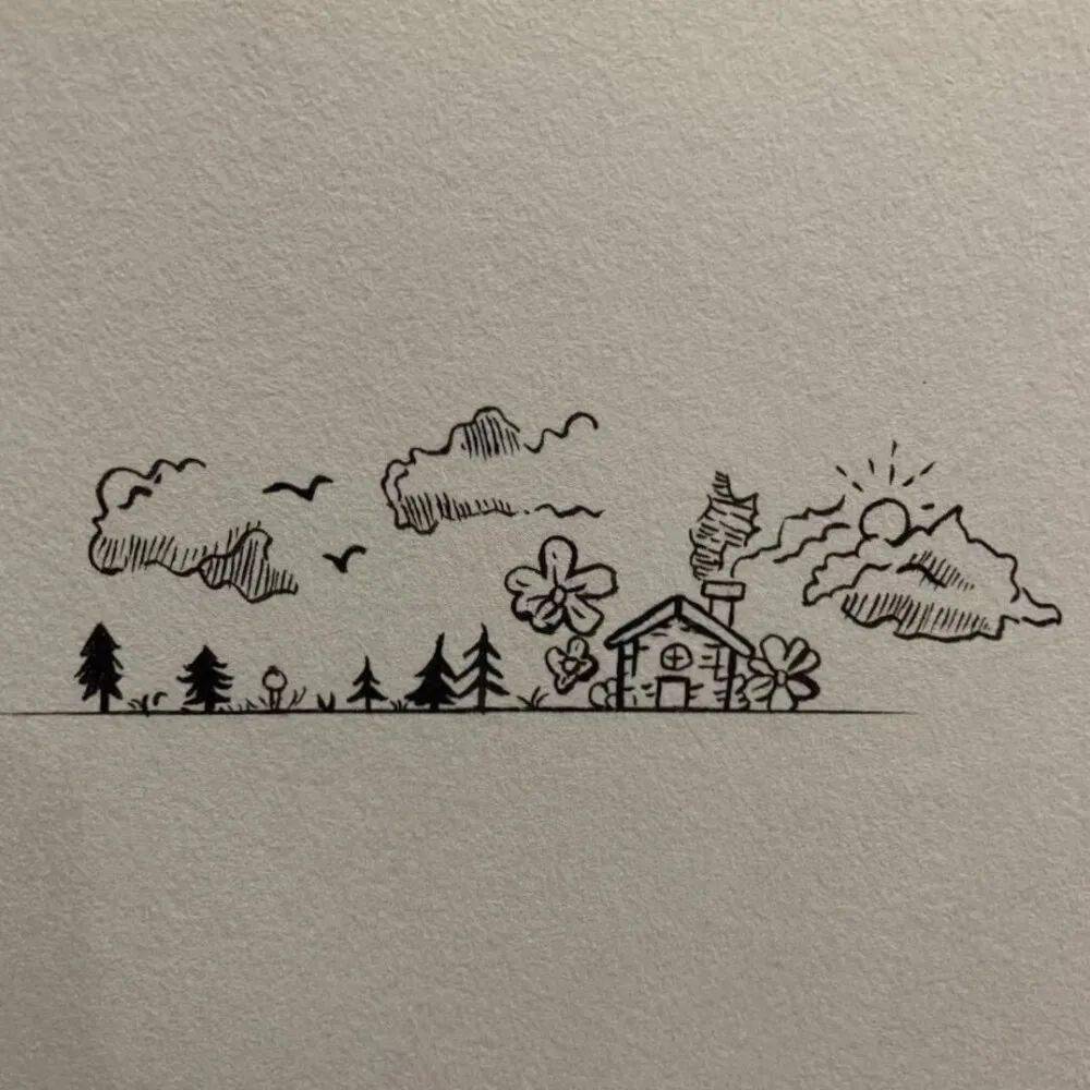 针管笔手绘黑白小插画寥寥几笔却很有意境