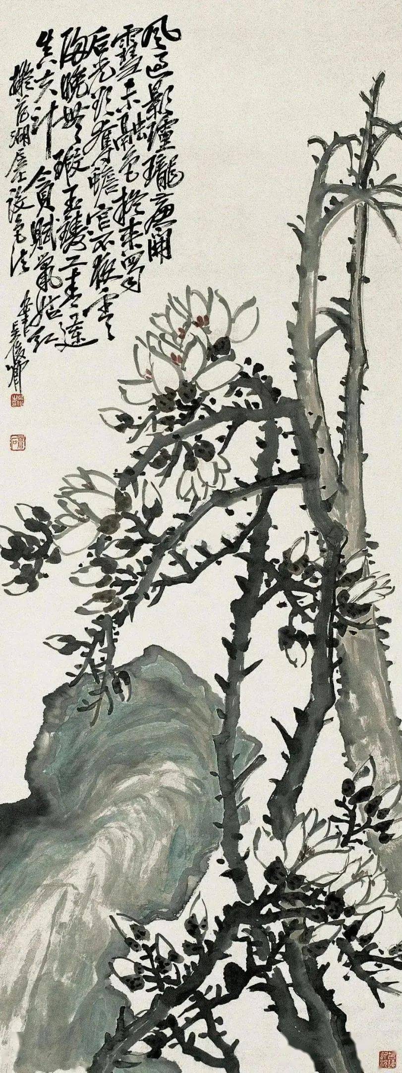 老缶写玉兰,豪放而馨香!_国画_吴昌硕_花鸟画