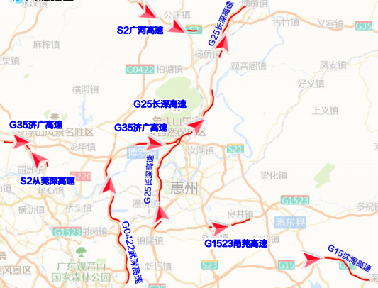 擁堵程度較高的路段為:1,瀋海高速(惠州段)白雲至白雲仔路段及淡水至