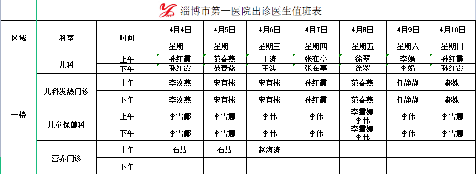 淄博市第一醫院門診排班表4月4日4月10日