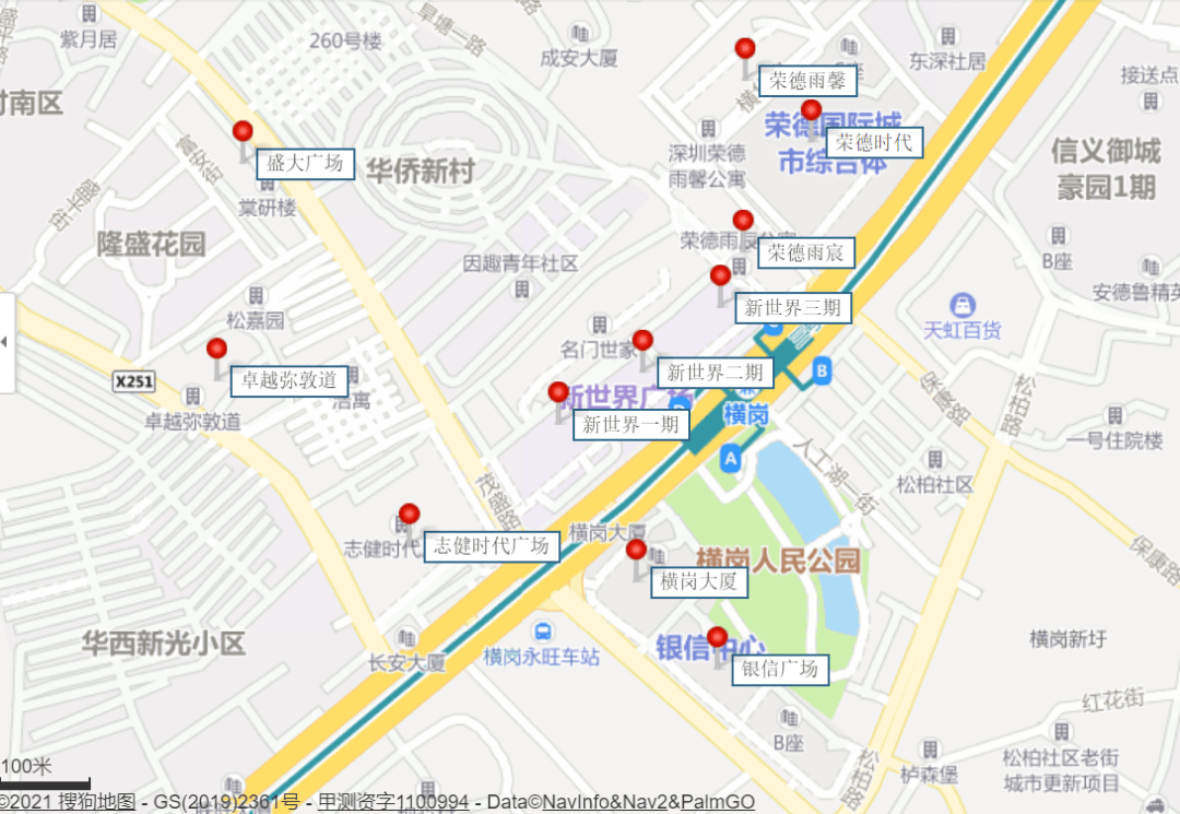 新世界广场,荣德国际等,临街商业主要位于有龙岗大道,茂盛路,松柏