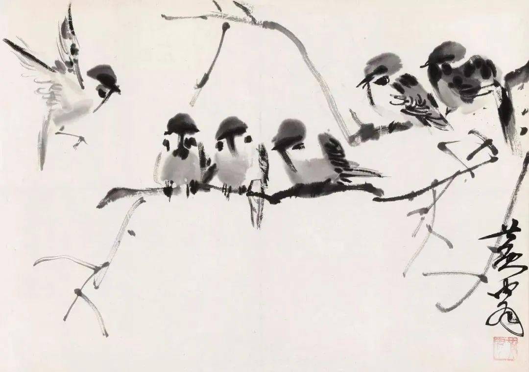 三位大师的水墨麻雀活灵活现