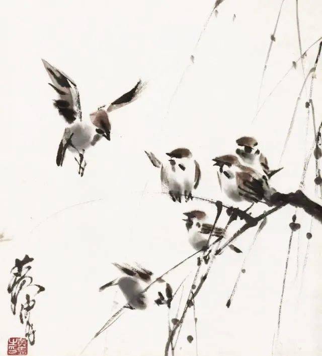 三位大师的水墨麻雀活灵活现