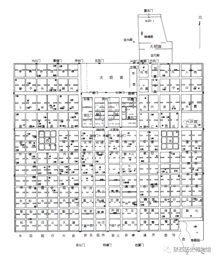 唐長安城平面圖隋大興城,唐長安城的城市總體佈局思想一脈相承,從北至