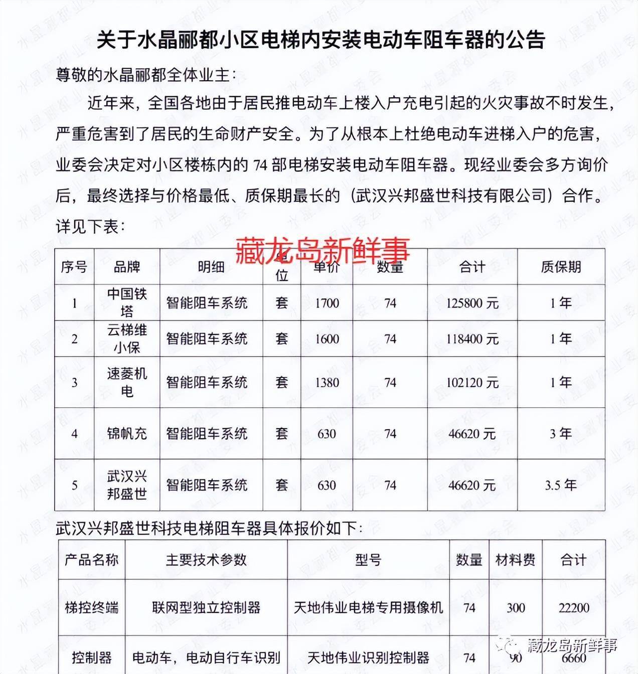 江夏藏龙岛一小区拟在电梯内安装电动车阻车器引热议