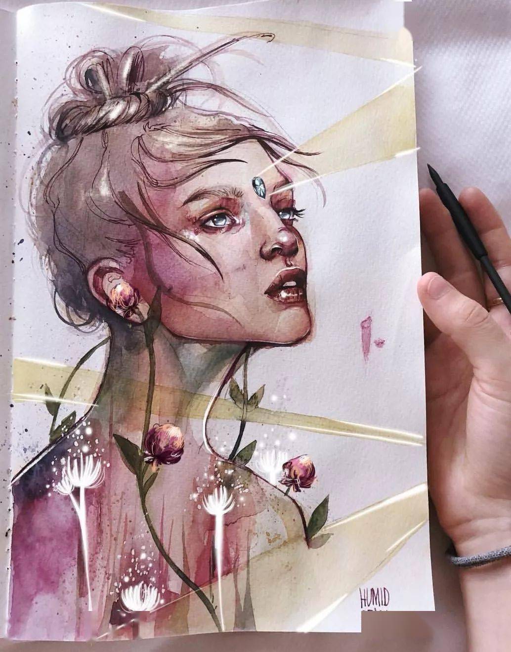 妹子用干湿结合的仙美水彩斩获74万粉丝的爆火的美少女网红插画师