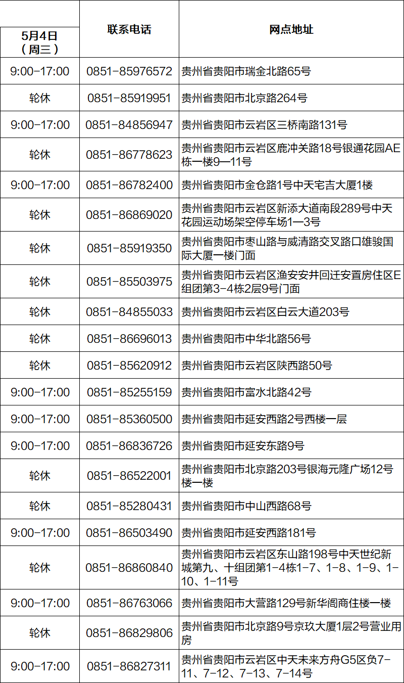 建行贵州省分行2022年五一节期间网点对外营业时间公告