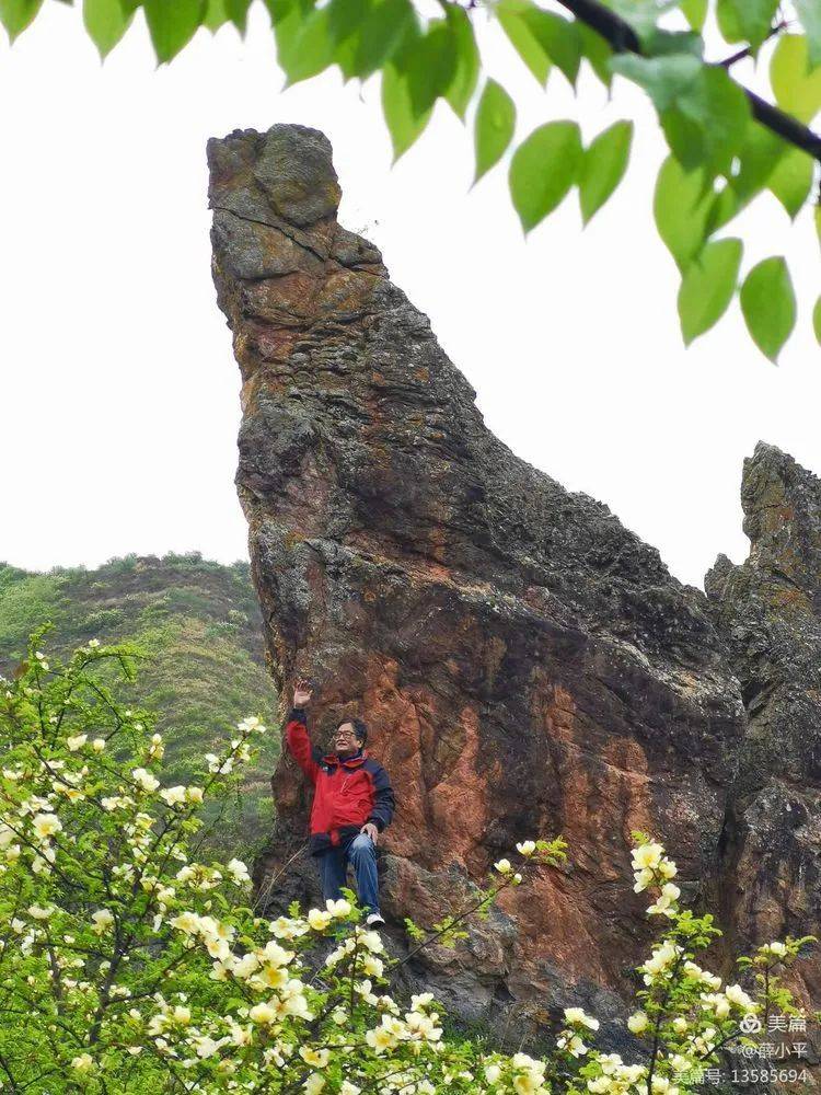 "鸡嘴山"的一处小景点映入了眼帘,鸡嘴山形状似鸡冠,山峰在沟壑间突起