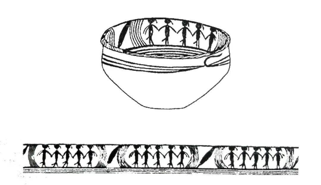 舞蹈纹彩陶盆手拉手舞蹈纹饰画上,先民们手拉手,排成一排在跳舞,场面