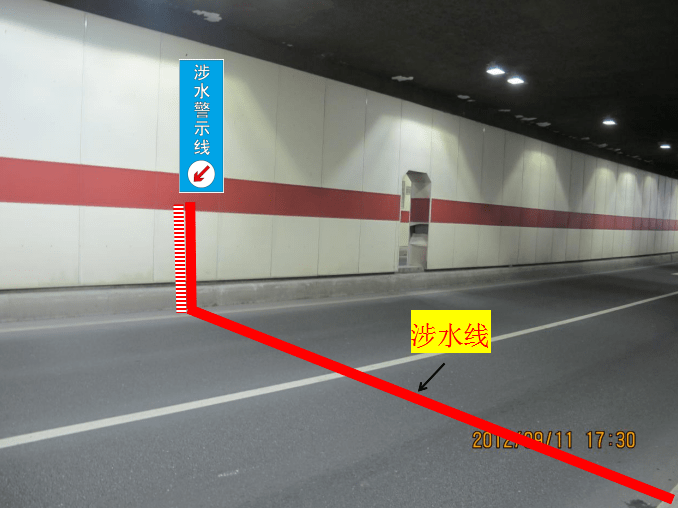 如隧道内积水淹没涉水线,则隧道内积水超过27cm,车辆应禁止通行