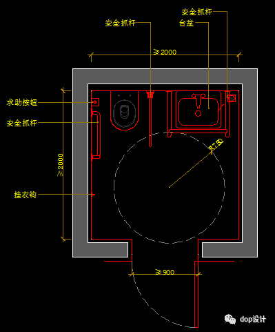 门净宽不应小于900mm,门扇内侧应设关门拉手2,无障碍卫生间面积:≥4㎡