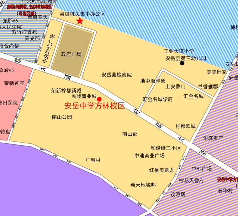 以安岳中学方林校区为中心,至秦九韶路南段与岳石路交汇处路心,至岳