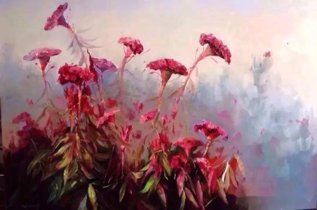 写生中国著名油画家吕玉祥鸡冠花写生系列