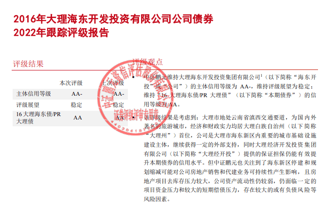 6月17日,中证鹏元发布了2016年大理海东开发投资有限公司公司债券2022