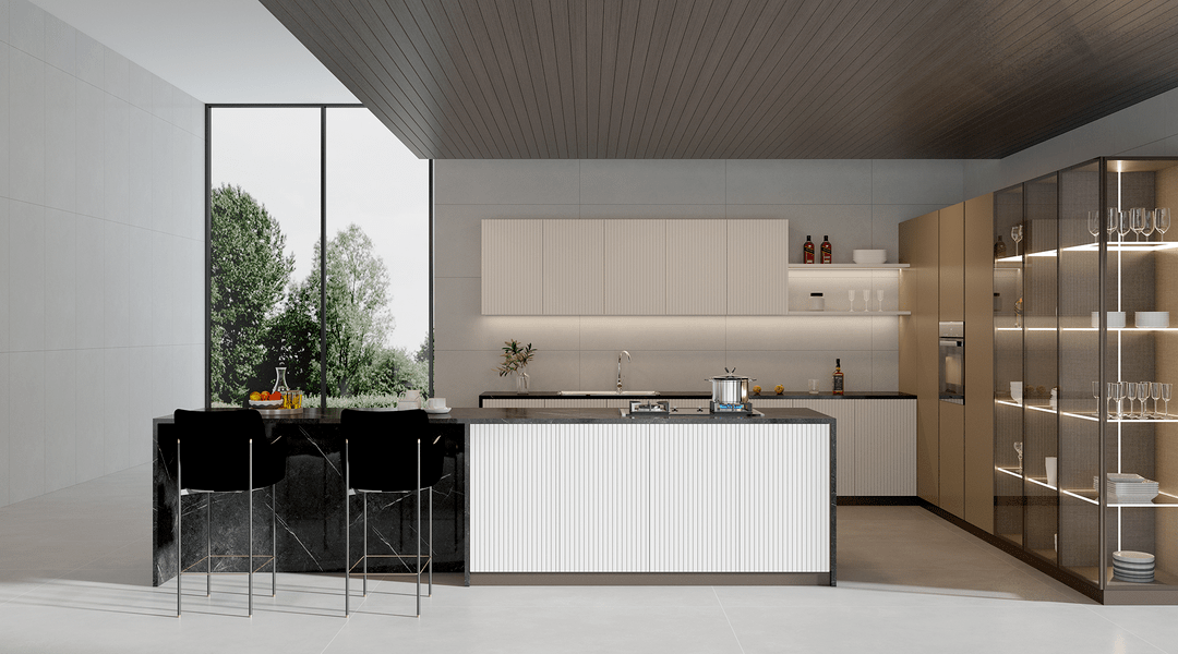 墙nva26g6014绅士灰-超细微干粒大户型常见的开放式厨房,设置中岛台