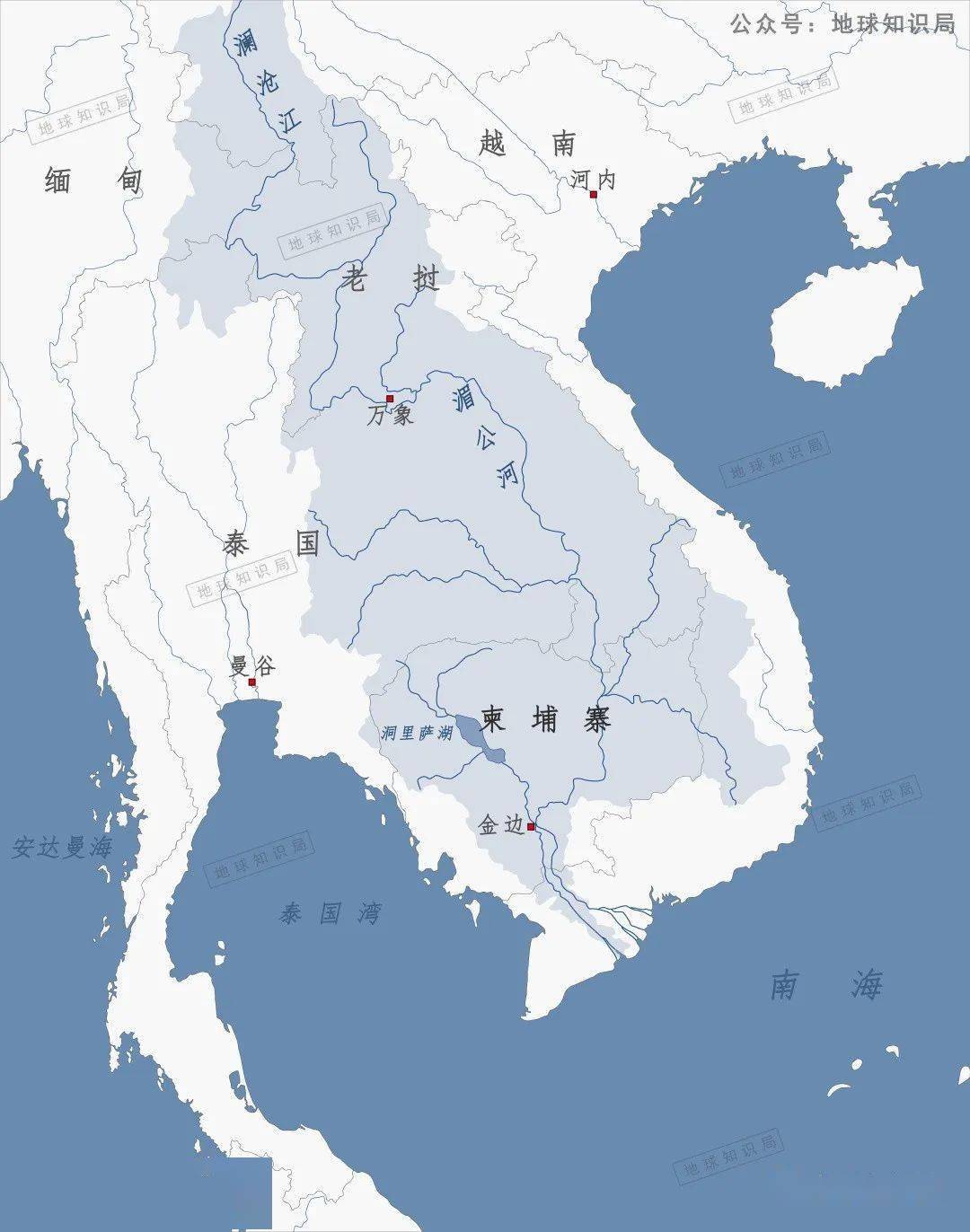 流经面积广,但支流大多短小▼湄公河是东南亚第一长河且弯道较多发源