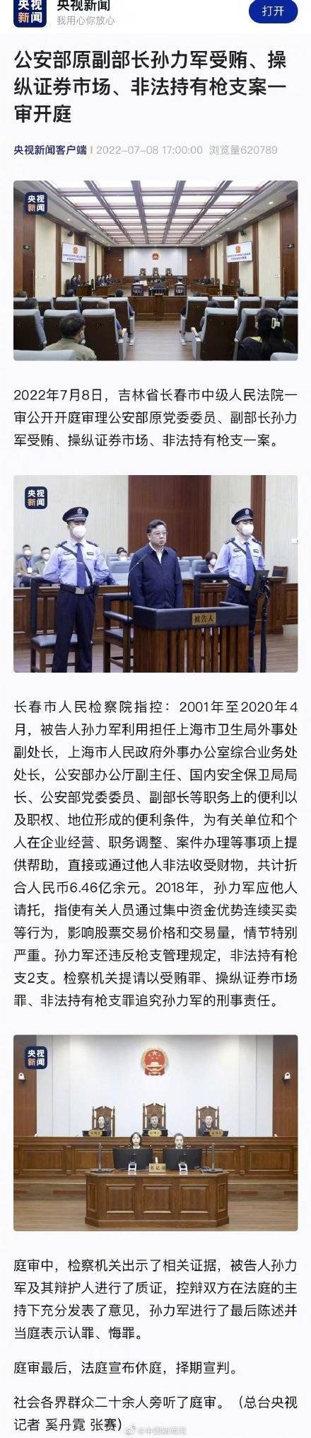 公安部原副部长孙力军案一审开庭_操纵证券市场_枪支_党委委员