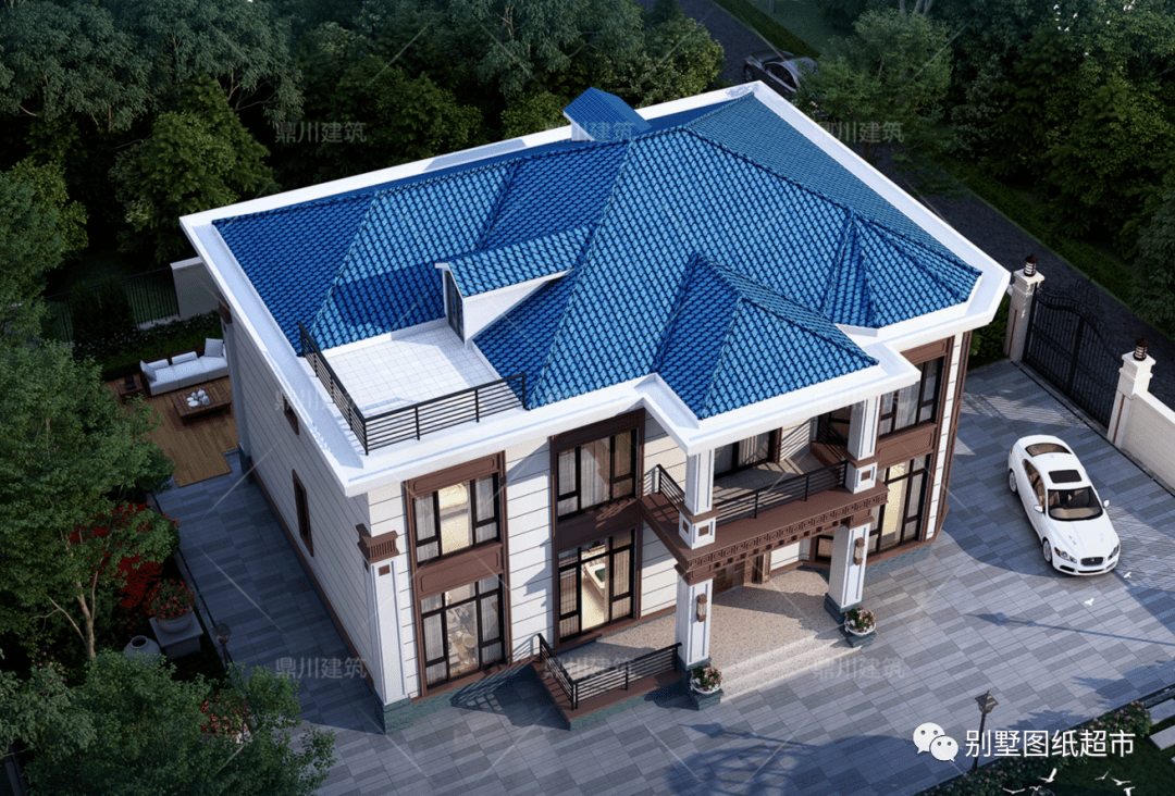 具有古典气质的新中式别墅设计,蓝色波形瓦静谧自然,保留传统元素的木