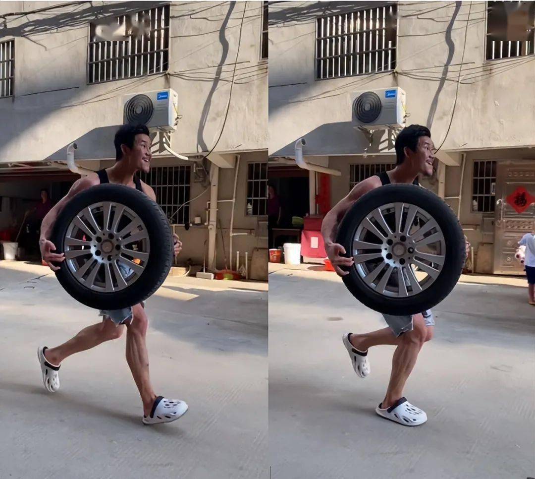 只见嘎子哥谢孟伟躲在暗处,趁司机不注意偷走车轮胎拔腿就跑,表情极尽