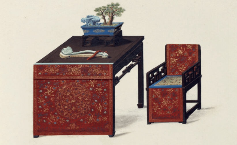 图中是设有椅帔的玫瑰椅和设有桌帏的方桌.