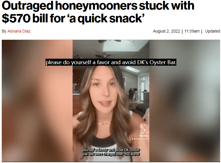 Outraged honeymooners stuck with $570 bill for 'quick snack
