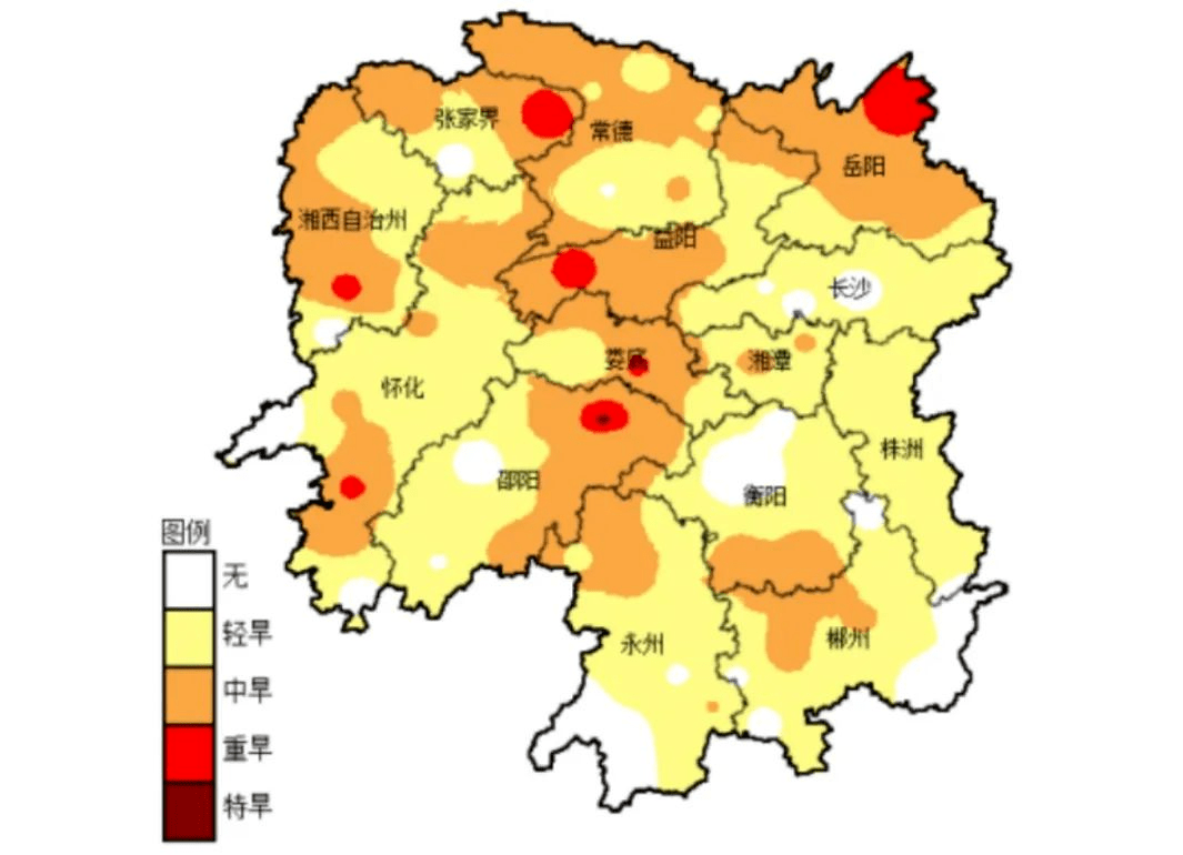 吉首,臨湘,安化,會同,漣源6縣市區為重旱,岳陽市區,華容,保靖等39縣市
