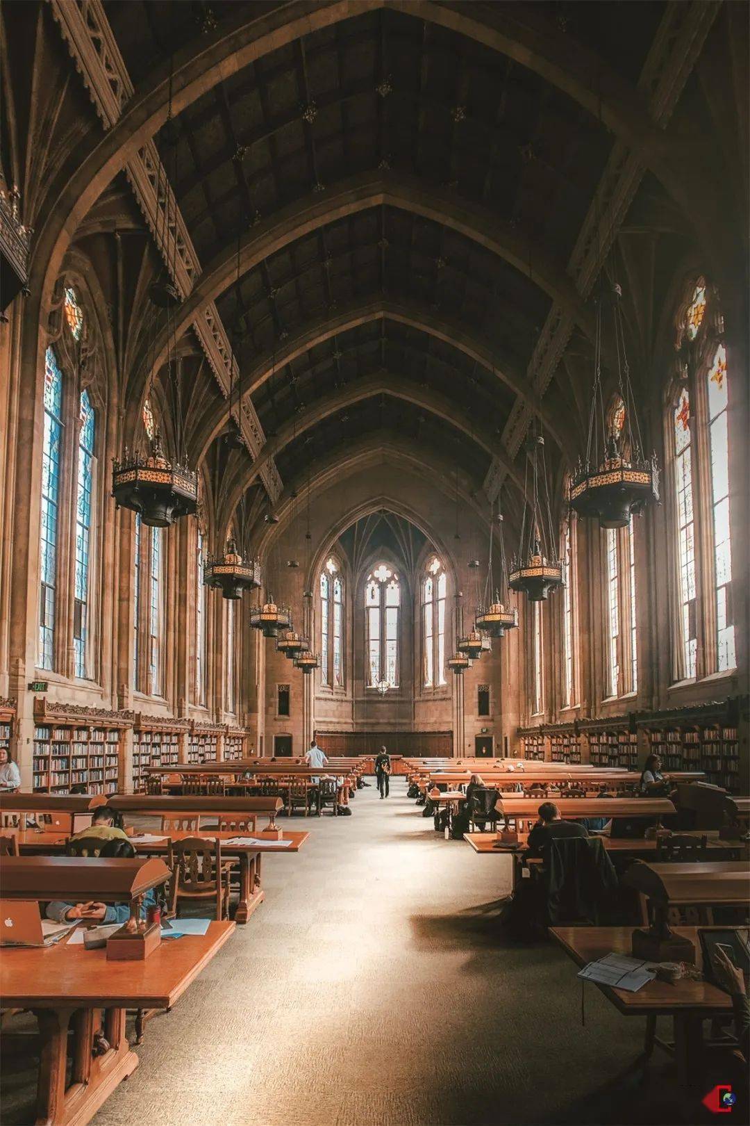 Δ 美国华盛顿大学苏塞罗图书馆阅览室,长76米,宽16米,高20米,可供