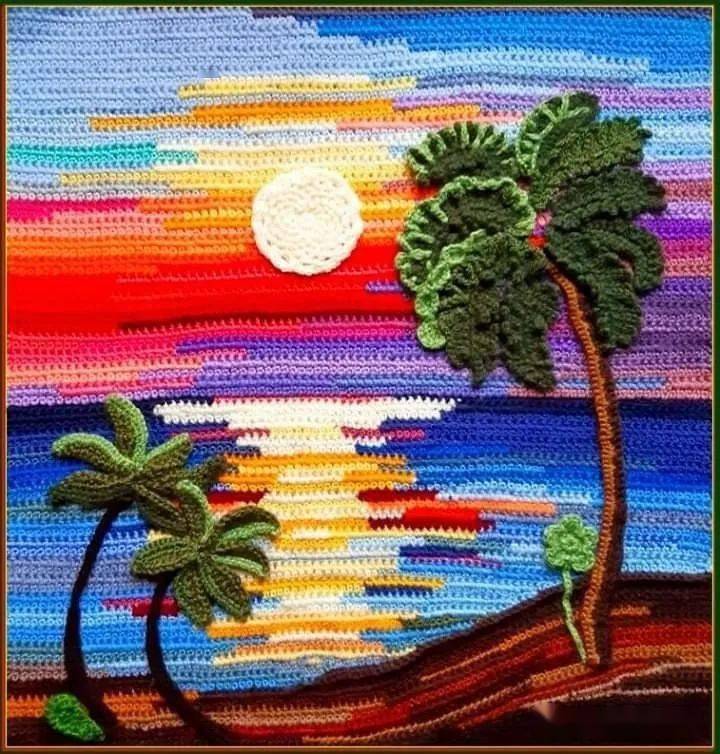 她把钩针当成了画刷,钩出的立体画瞬间让人惊叹!_底布_画面_唯美