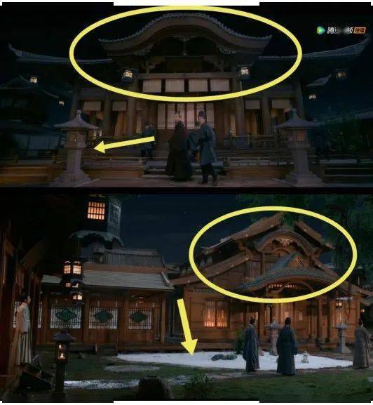 山水之外,这两张剧照中的建筑上,圈出来的部分名叫"唐破风(からはふ)"