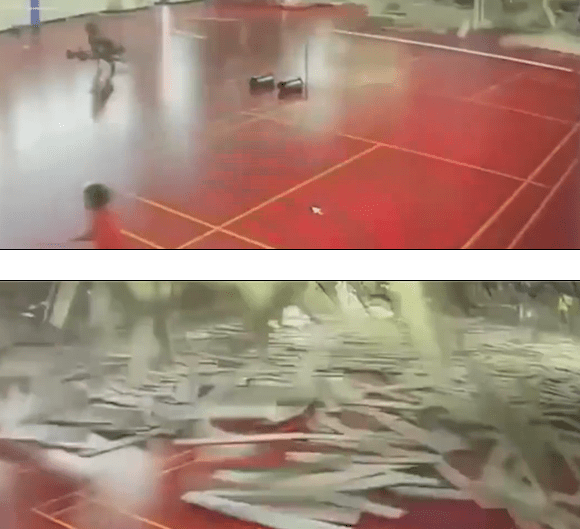 花莲强震:羽毛球馆天花板如雨砸下,一名男子被砸，造成背部受伤，被紧急送医