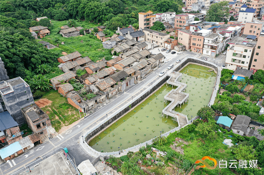 华坑村风水塘边的古建筑群一列排开头陂村风景宜人发展现代农业