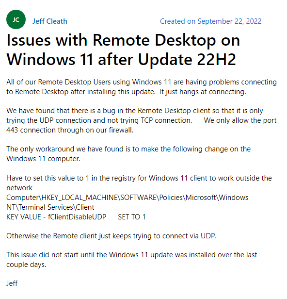 微软承认 Win11 22H2 存在远程桌面问题，目前正在调查