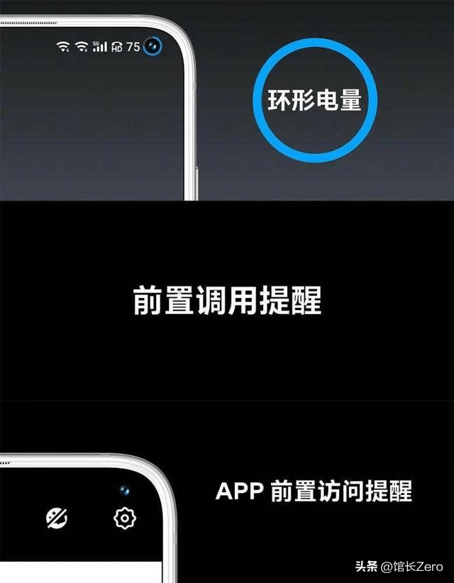 针对来信息,前置镜头调用等场景,设计了"小圆圈式呼吸灯",闪烁提示等