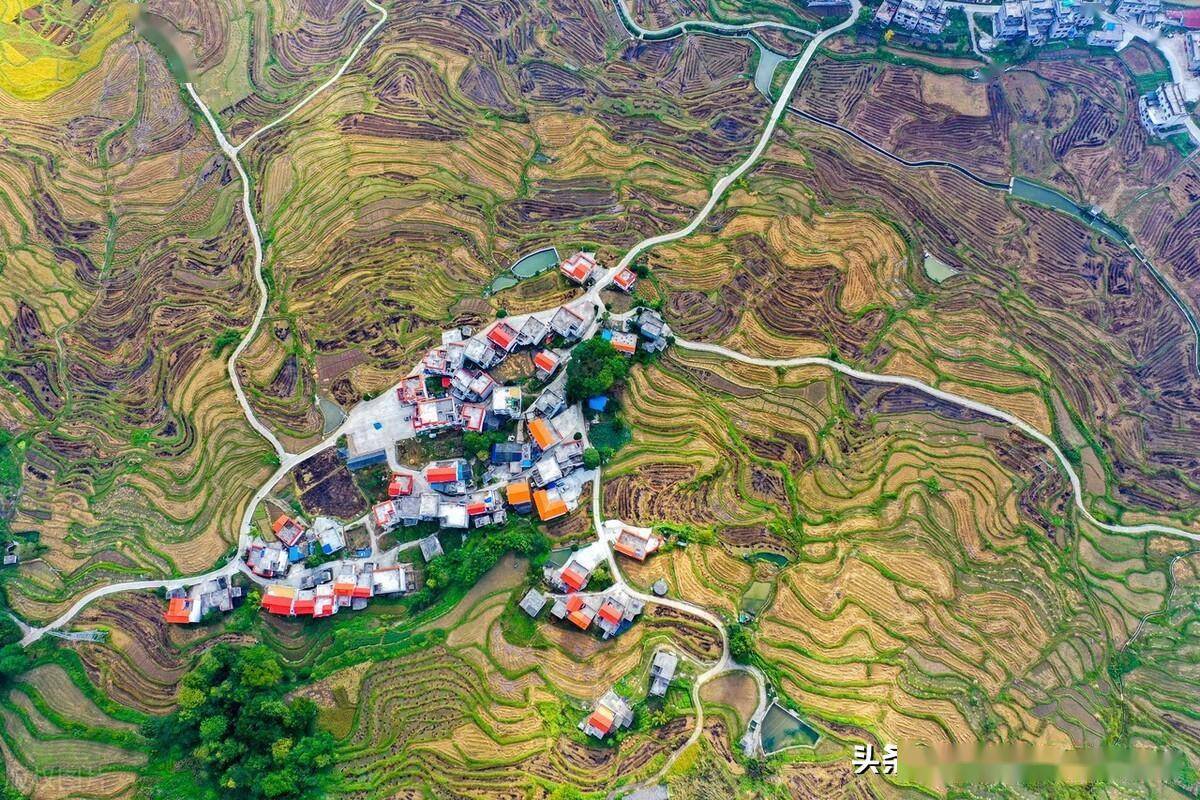 航拍广西喀斯特洼地梯田逶迤层叠如大地指纹_田埂_乡村_小道