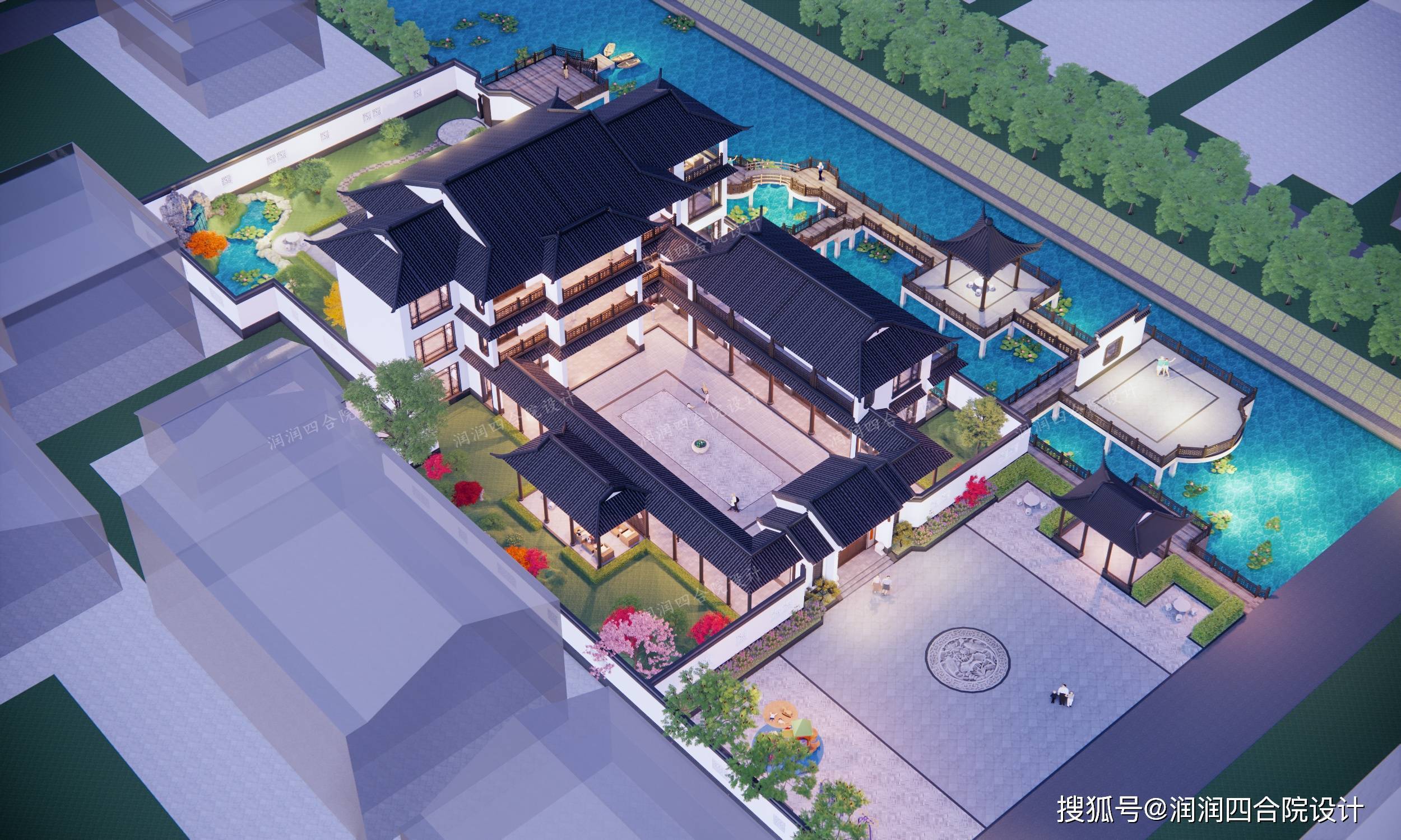 三层新中式合院鸟瞰图——润润四合院设计刘鹰三层新中式合院鸟瞰图