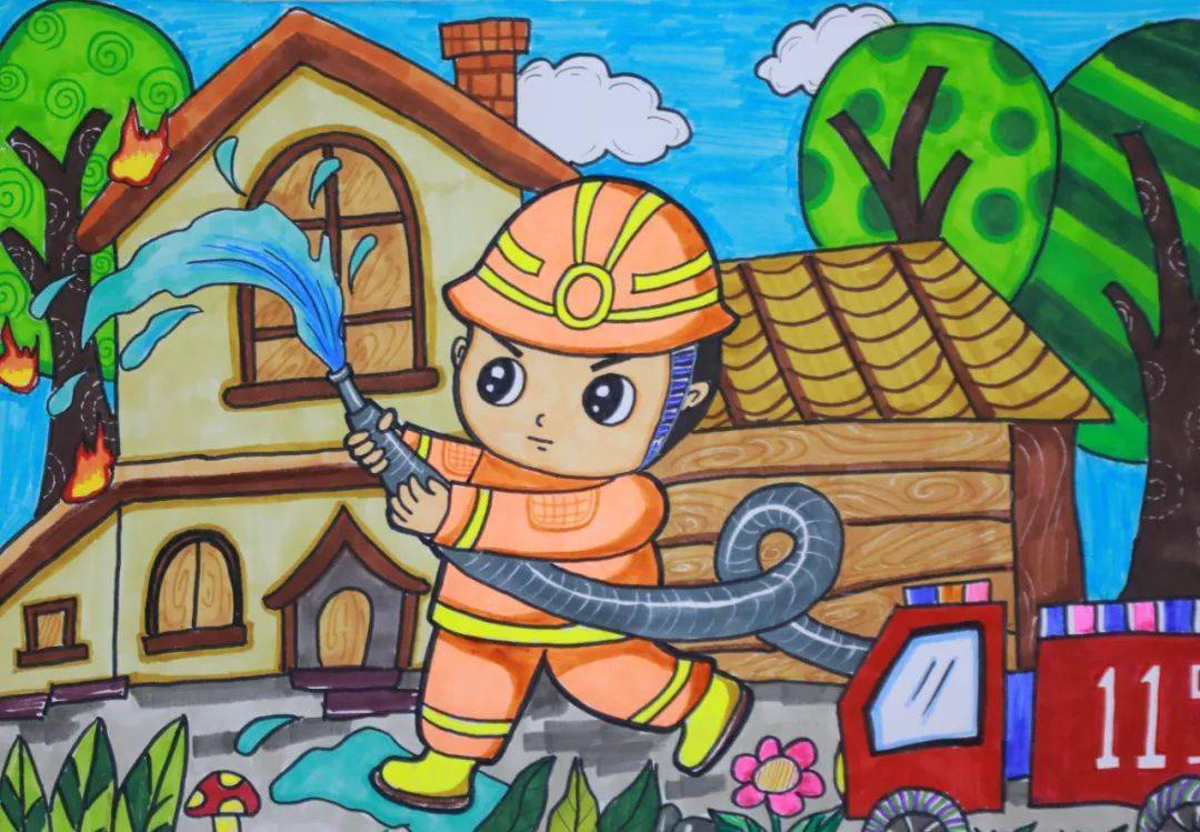 作品展播⑤丨原来在小朋友眼中,消防是这样的!_指导老师_绘画_幼儿