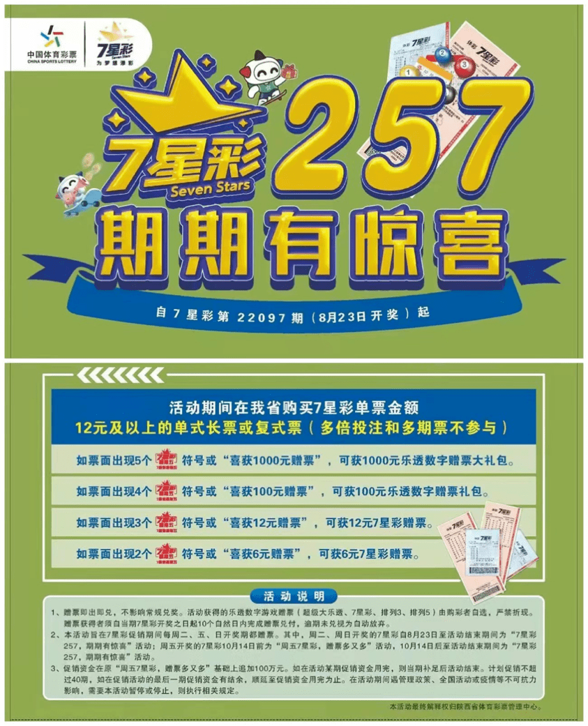 【体彩活动】"7星彩257,期期有惊喜"赠票火热进行中