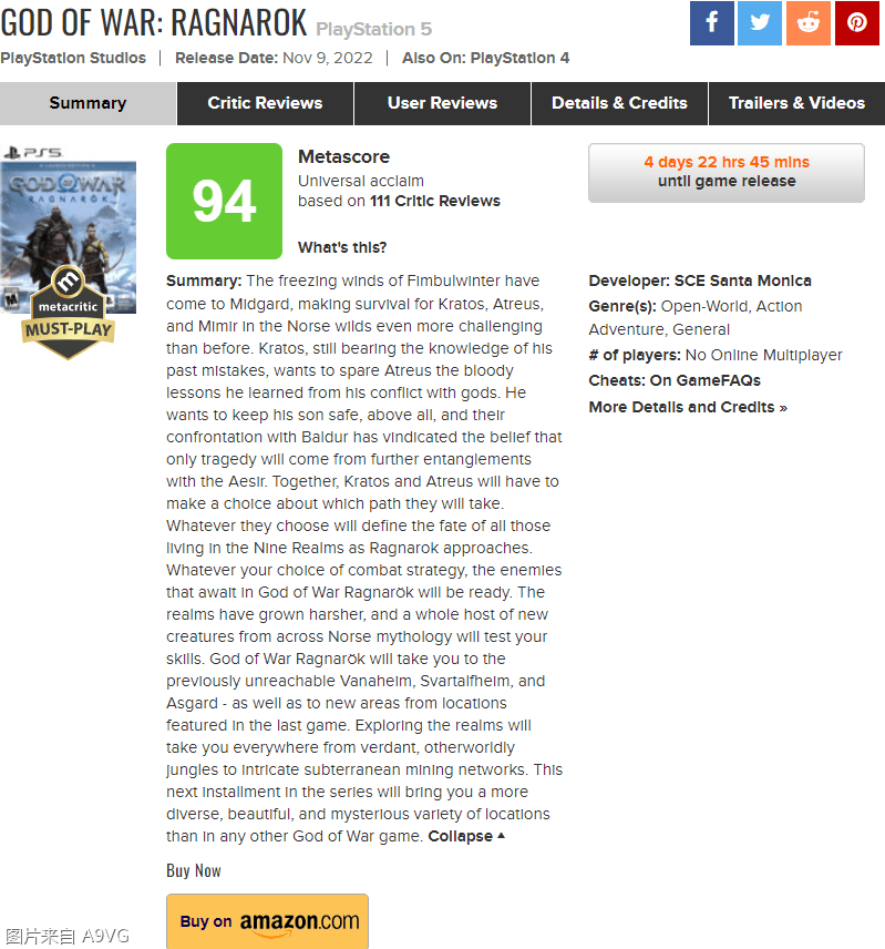 《战神 诸神黄昏》全球媒体评分出炉 IGN 10 GS 9 MC均分94