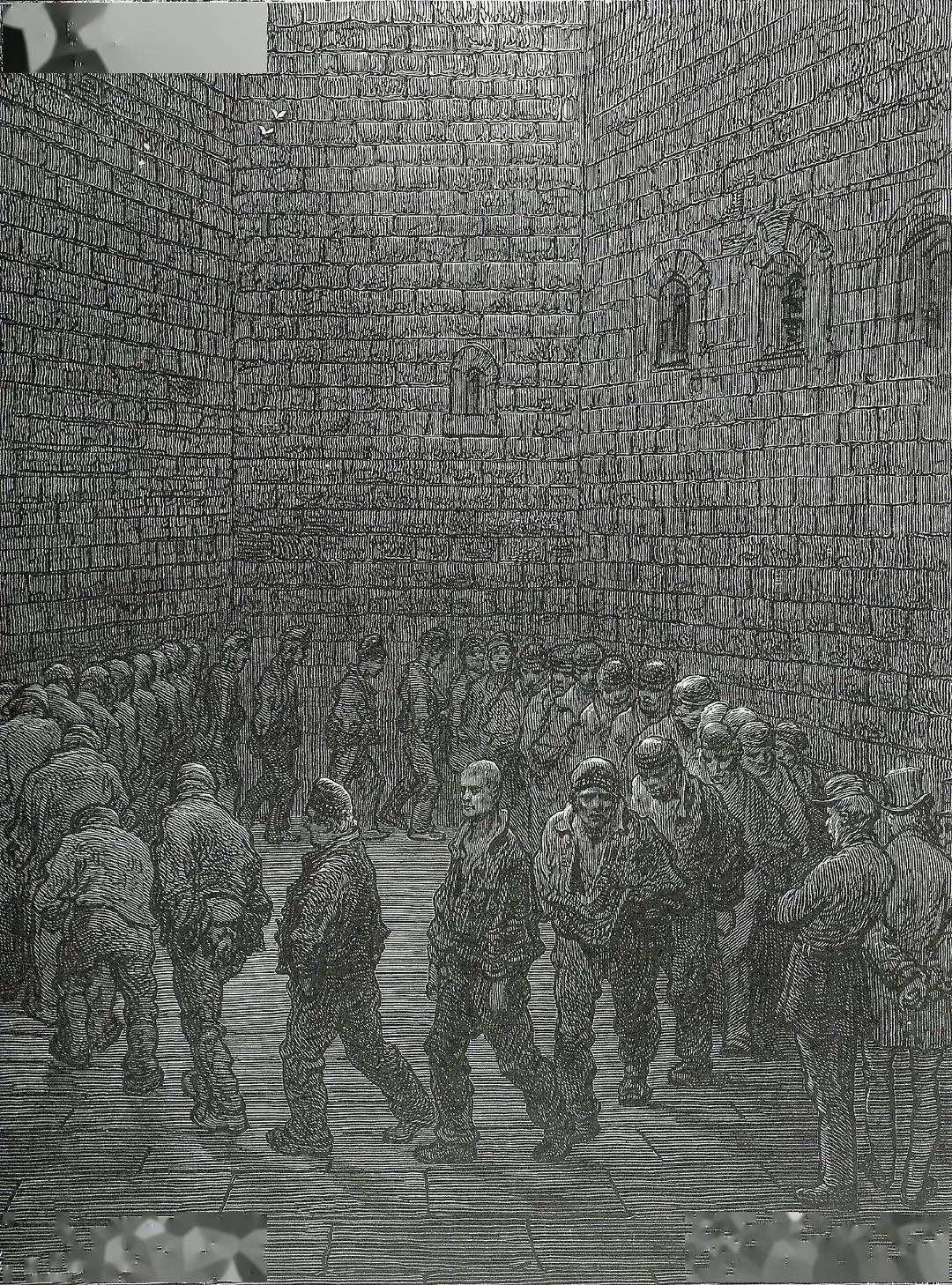 如梵高临摹的作品《囚徒放风》,保留了古斯塔夫·多雷原作构图的同时