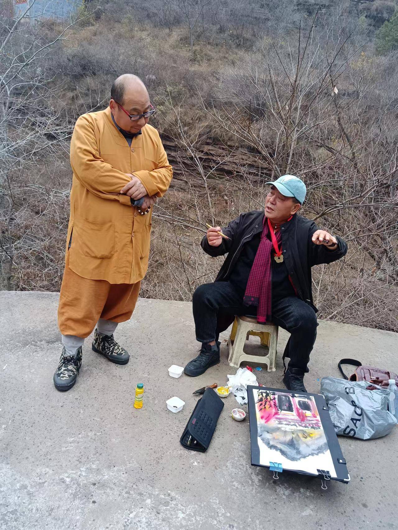 依旧先鸡而起的我伏案彩墨三幅冬访禅果寺所见小品